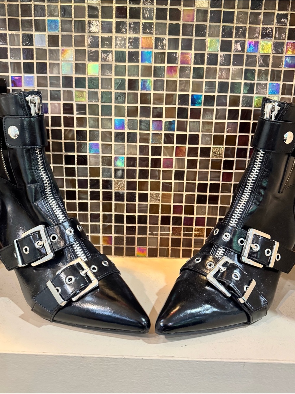 Wild Pair Black Pointed Lace-Up Buckle Ankle Boots - Picture 3 of 3